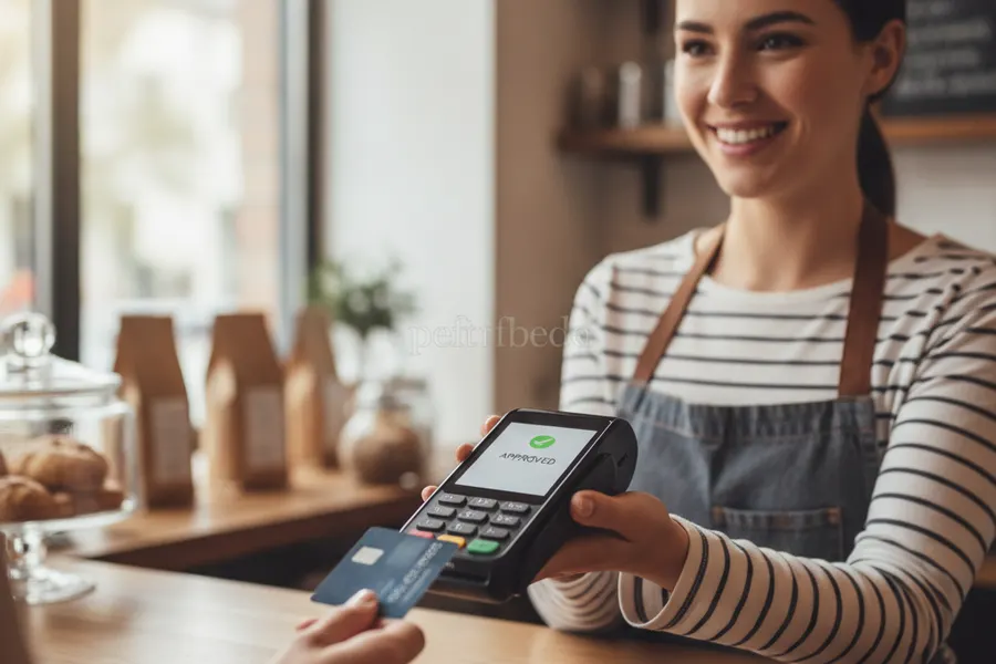 A merchant taking a tap payment at a counter